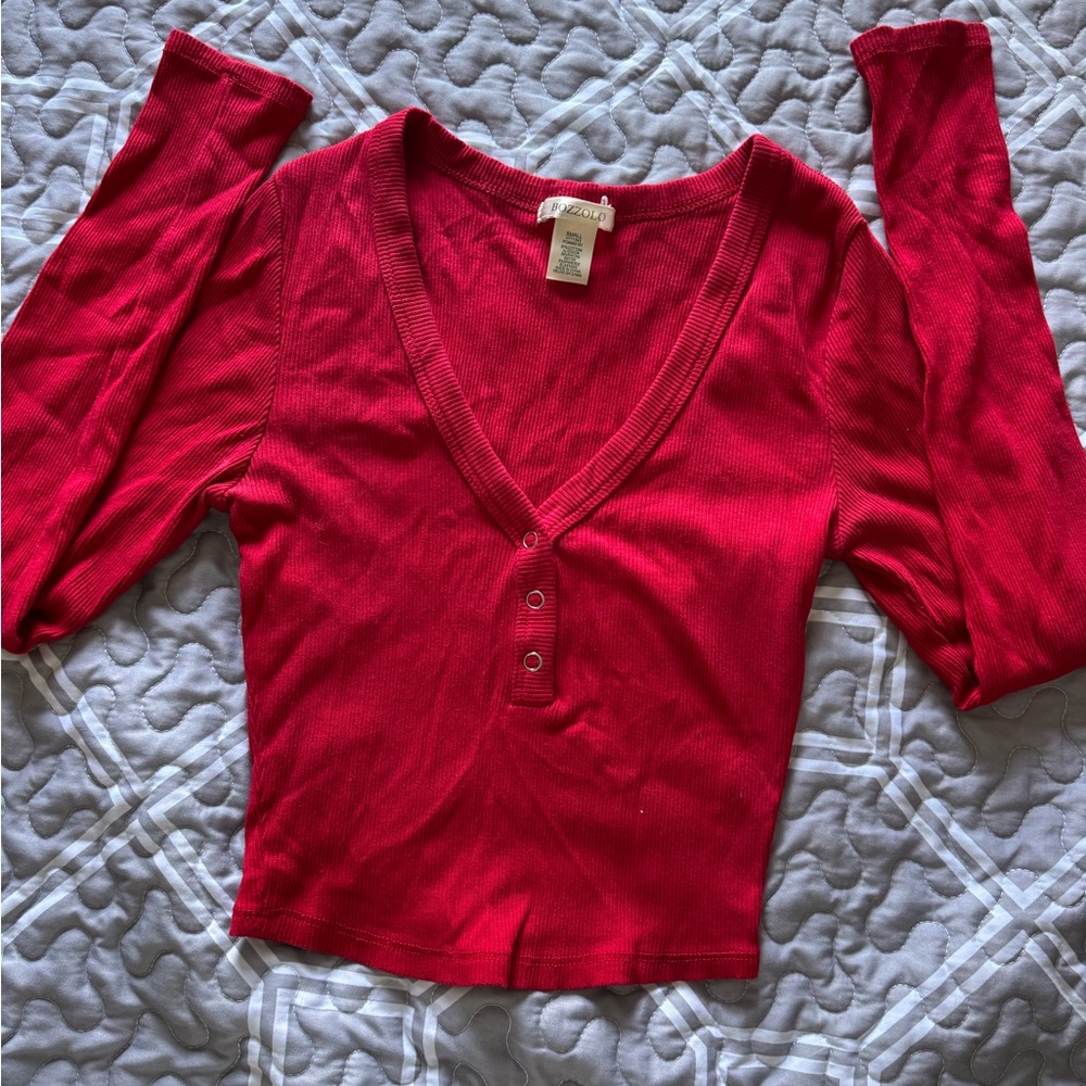 Bozzolo Red Ribbed V-Neck Long Sleeve Top